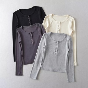 23 European and American style women's new button solid color bottoming shirt breasted bottoming shirt women's autumn and winter Inner top