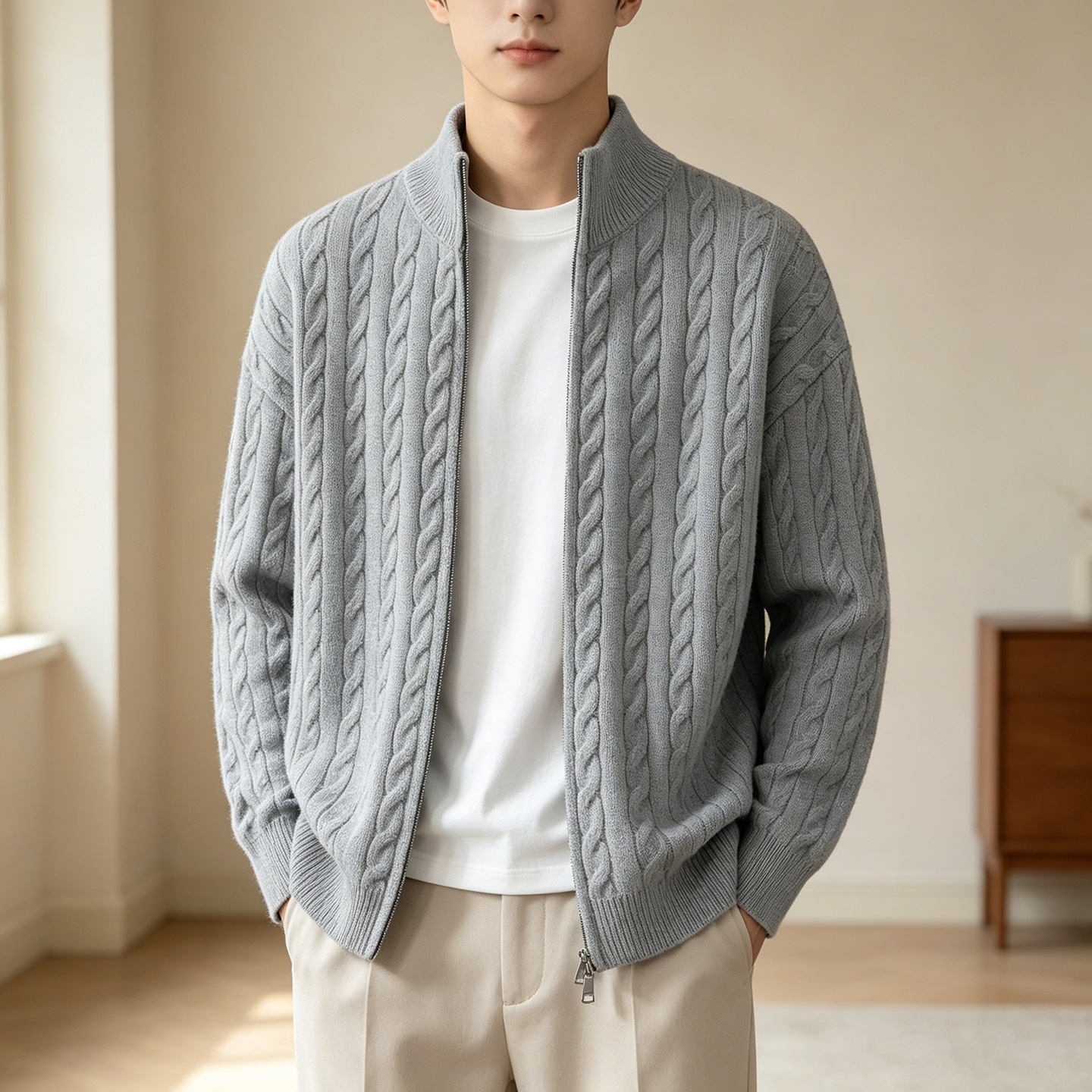 复古毛衣开拉链衫男春秋季慵懒风纽花保暖针织衫外套男士立领线衣