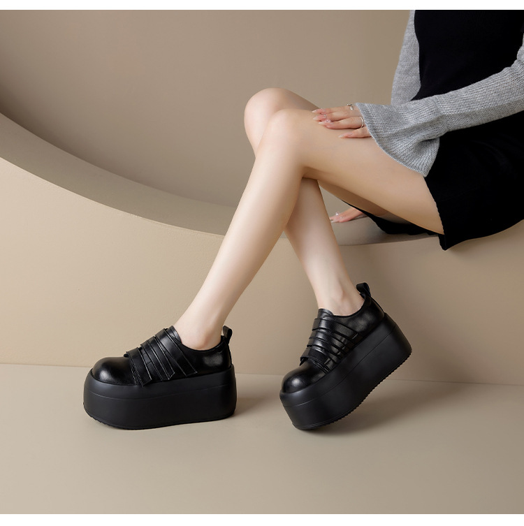 Giày loafer da thật đế xuồng cao 8cm, cổ miệng sâu, khóa Velcro tiện lợi — Màu đen, Màu đỏ chi tiết 10
