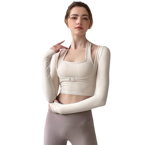Autumn outdoor sports bra long-sleeved fake two-piece top women's yoga fitness fitness wear with chest pads to push up the naked feeling