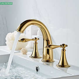 三孔冷热龙头复古水龙头镀金色双开龙头左右控制开关美式龙头
