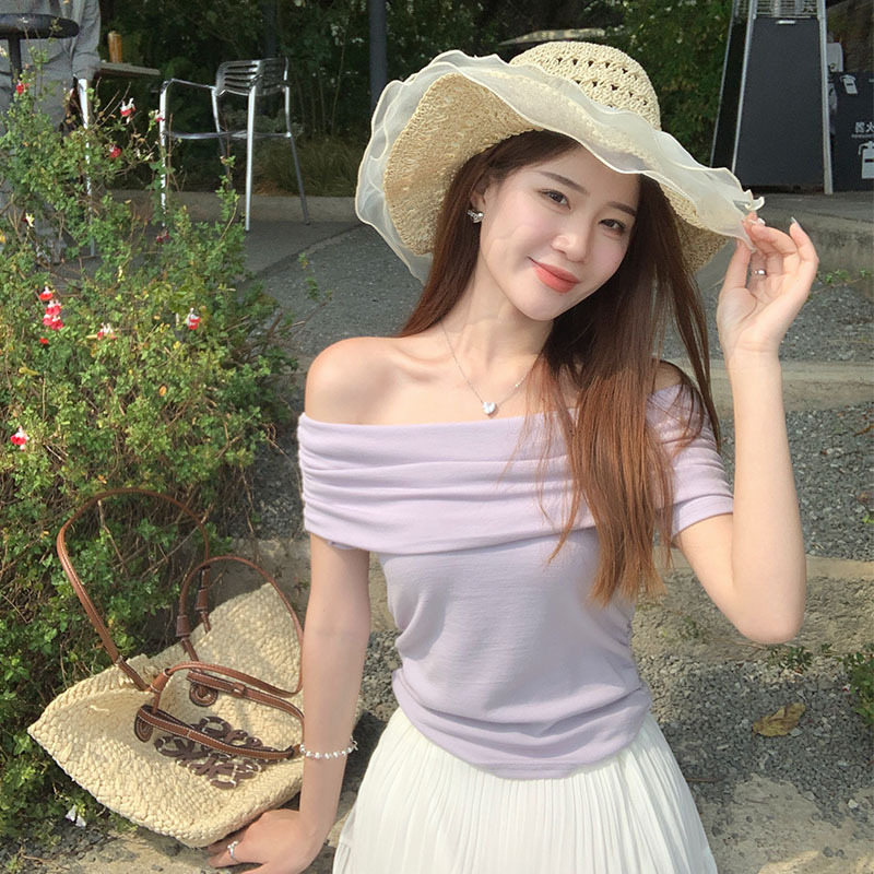 French Purple Shoulder Top Women's Summer 2025 New Design Sense Slant Shoulder Figure Short Sleeve T-shirt