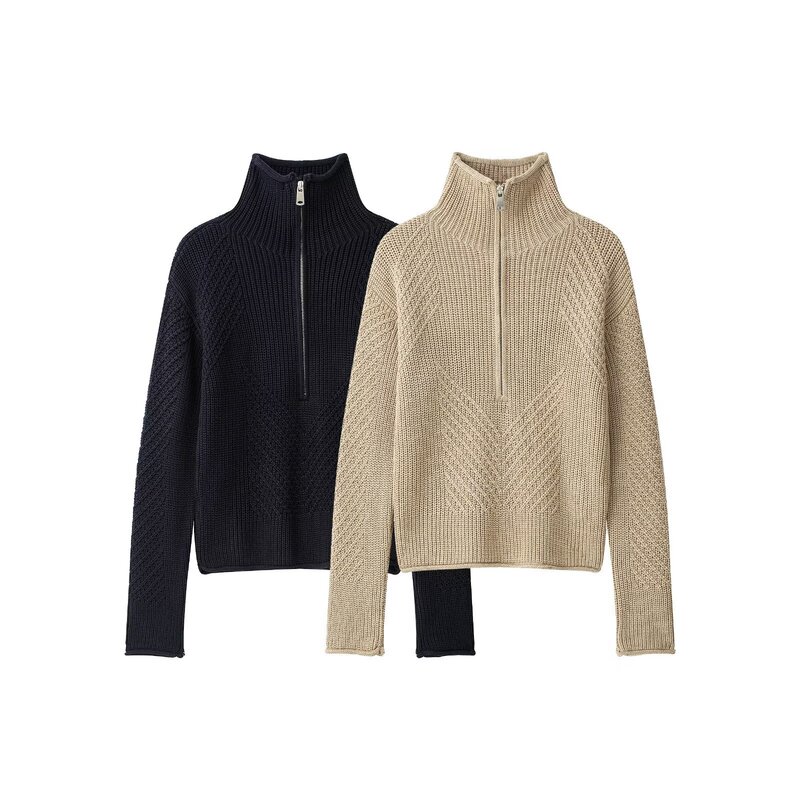 MYST&ZA Autumn New Women's Simple Long-Sleeve Stand-Up Collar Solid Color Casual Zipper Textured Knit Sweater 6771200