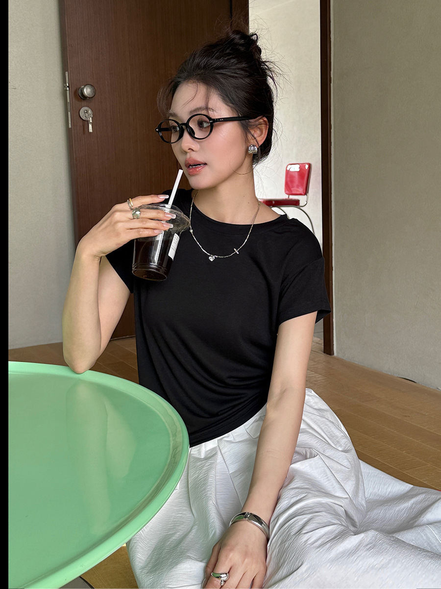 艾纯诗夏季天丝羊毛短袖t恤女2025新款圆领修身连袖纯色设计感上