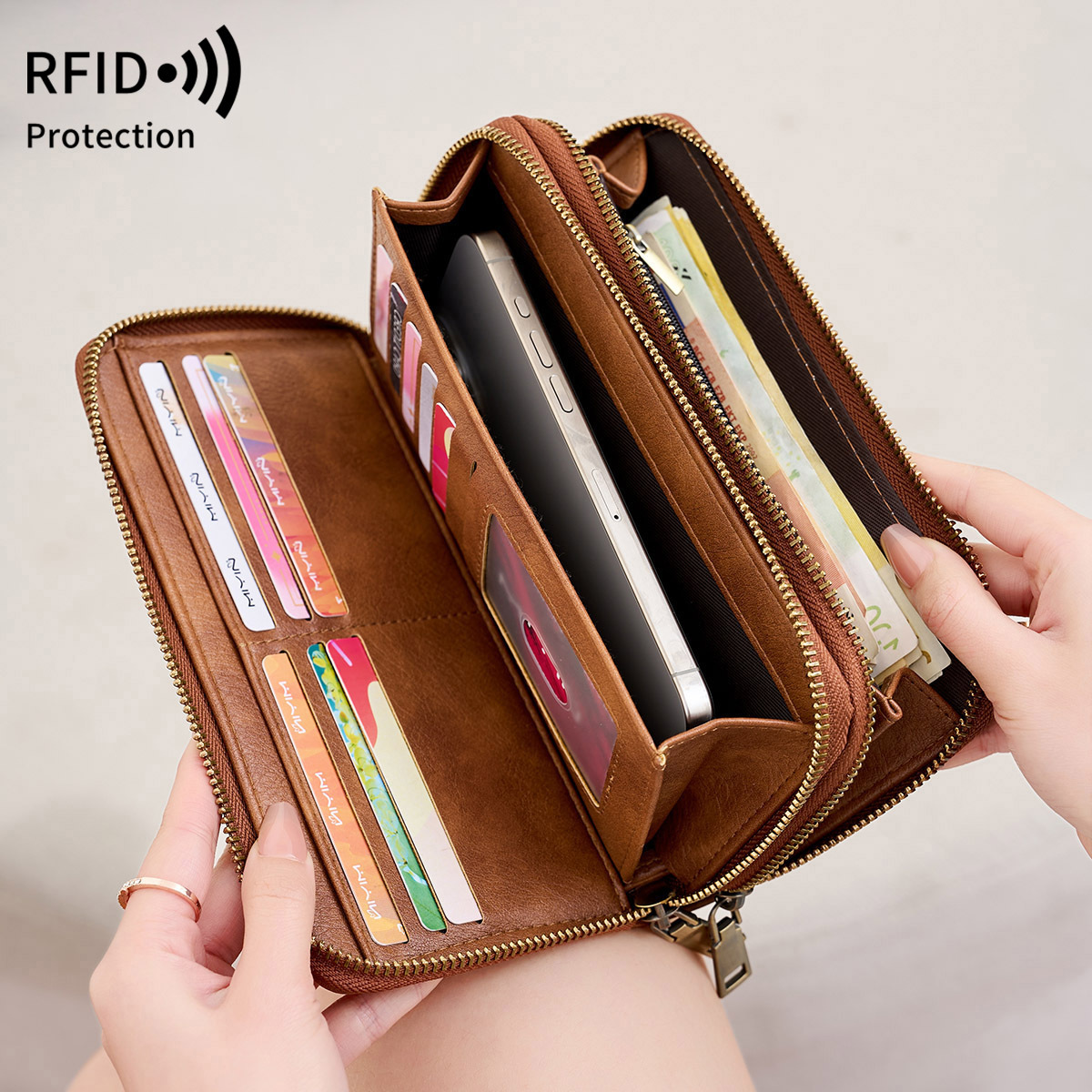 Cross-border New RFID Anti-theft Brush Double Zipper Wallet European and American Retro Women's Clutch Simple Large Capacity Wallet