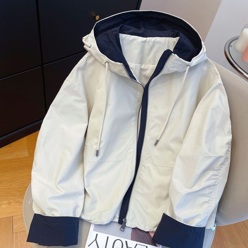 Super stylish color-blocked hooded short jacket for women, 2026 spring loose-fit trendy fashion coat for petite women