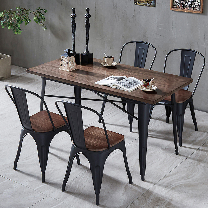 欧式工业风老榆木实木餐桌椅组合餐厅咖啡厅酒吧复古铁艺餐桌椅子
