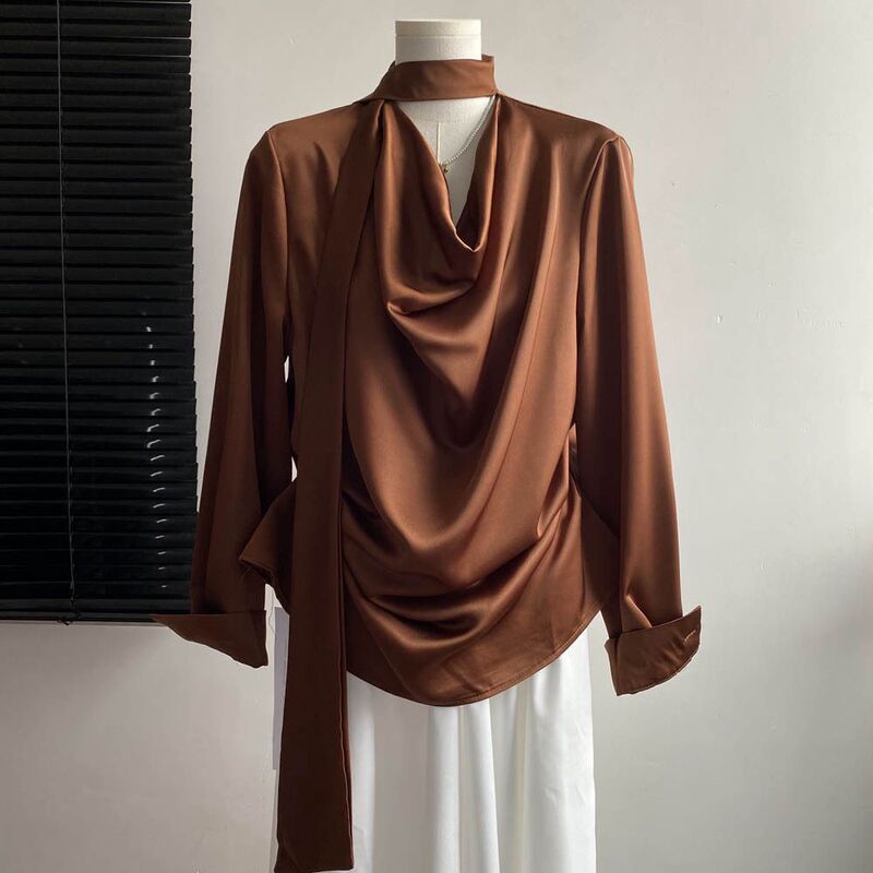 French Swing Collar Satin Shirt for Women 2024 Summer New Style High-End Accessible Luxury Waist Tie Shirt Long-Sleeved Top French Swing Collar Satin Shirt for Women 2024 Summer New Style High-End Accessible Luxury Waist Tie Shirt Long-Sleeved Top