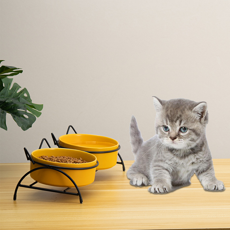 Tazón de cerámica para gatos al por mayor del fabricante, tazón doble para comida y agua, tazón para perros con protección para el cuello inclinado, antideslizante, soporte para tazón fácil de limpiar.