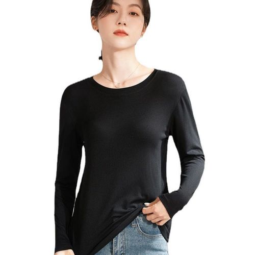 Spring and Autumn Round Collar Base Shirt for Women, Plain Color Versatile Stylish Short Top, Fitted Long Sleeve Women's T-shirt