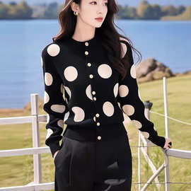 韩系穿搭秋冬高级感超好看圆领黑色波点针织开衫毛衣女设计感小众