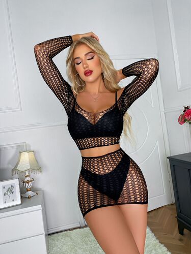 Lusty European and American beauty, sexy fishnet, open-leg short skirt, plus-size romantic underwear, pure desire, school uniform, two-piece set, wholesale