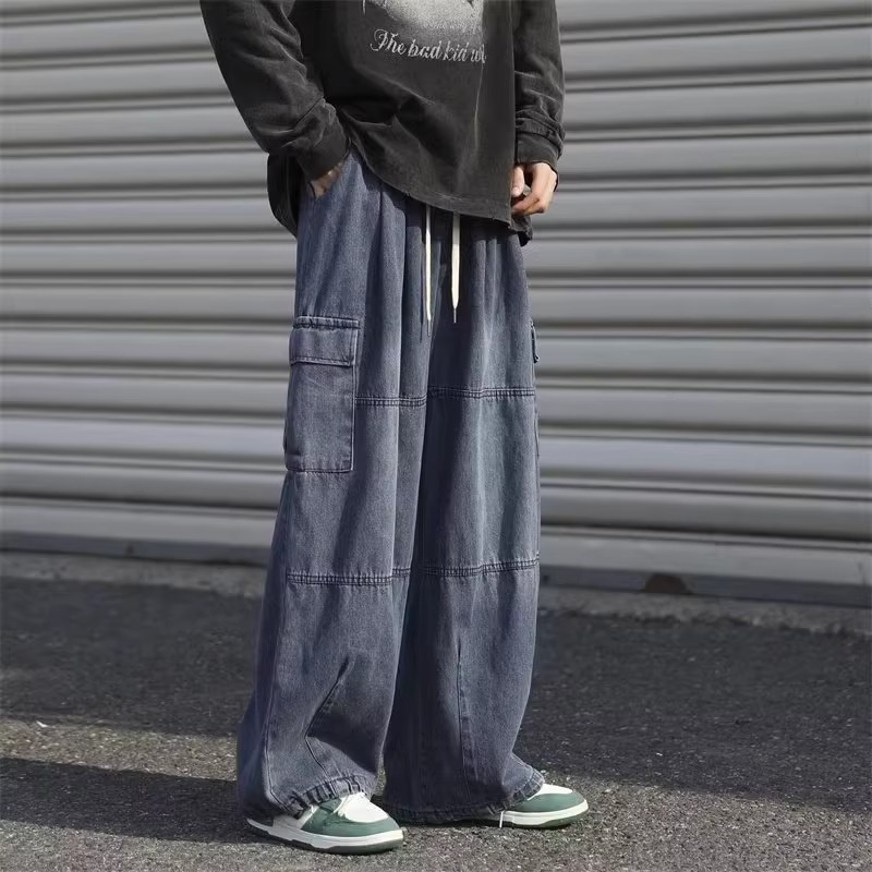 Lazy Vintage Tooling Wide-leg Jeans Men's Hong Kong Style Loose Oversize Big Pocket Retro Street Trousers_mkmklike.com