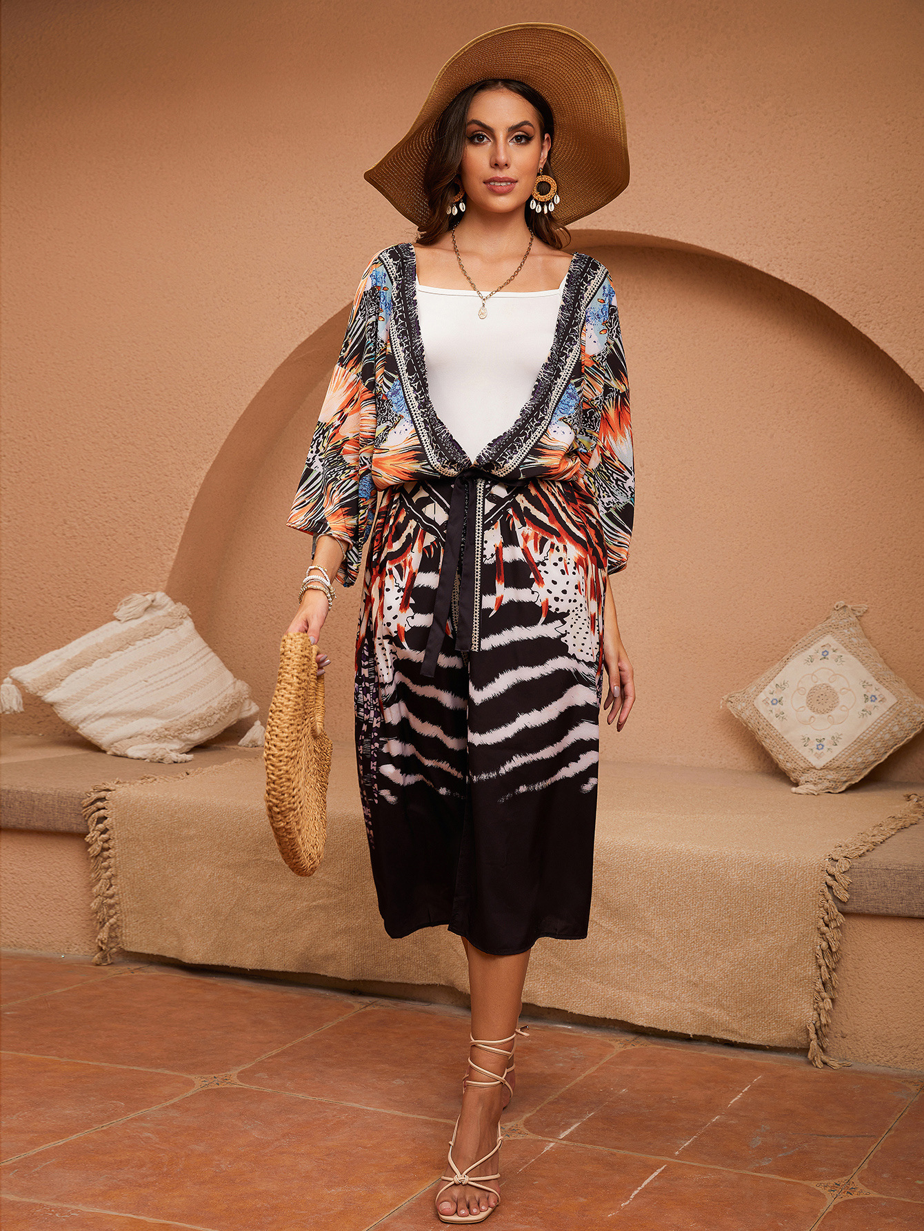 5D59 camisa de playa de posición europea y americana impresión kimono cardigan suelta vacaciones vestido larga bikini camisa protector solar