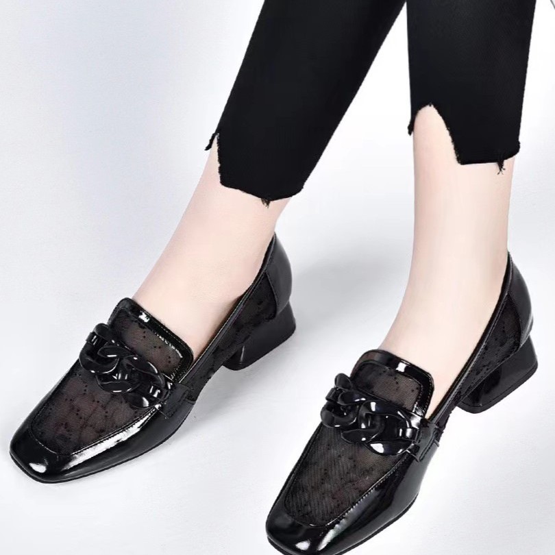 Giày Loafer Nữ Da Thật Đầu Vuông Gót Chunky 3 cm — Lưới đen (gót 3CM)