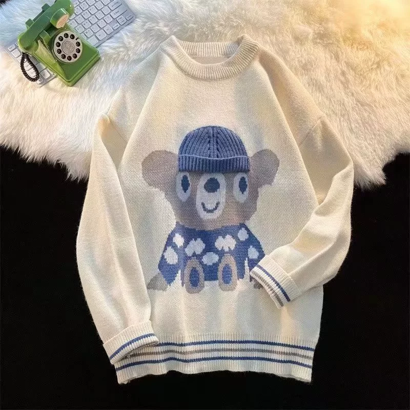 Demi-season knitted sweater unisex, cute bear/deer motif, sizes M–3XL (recommended body weight)