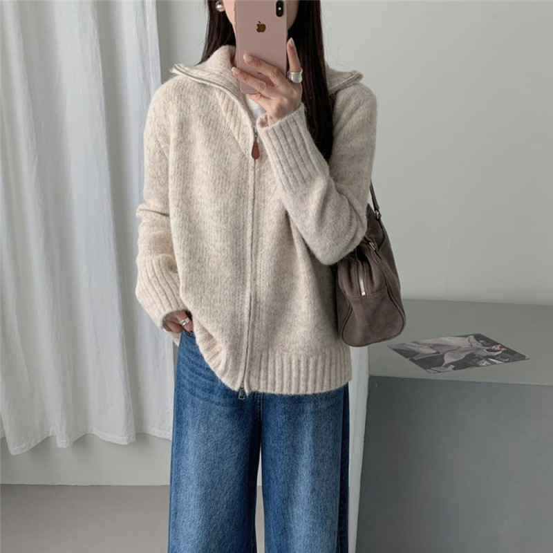 韩系花线双拉链毛衣外套女装秋冬新款宽松慵懒风软糯针织开衫上衣|undefined