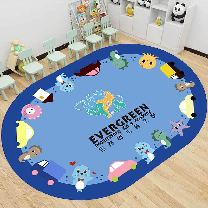 New Oval-Shaped Cartoon Crystal Velvet Carpet, Children's Room Reading Area Foot Mat, Kindergarten Game Mat