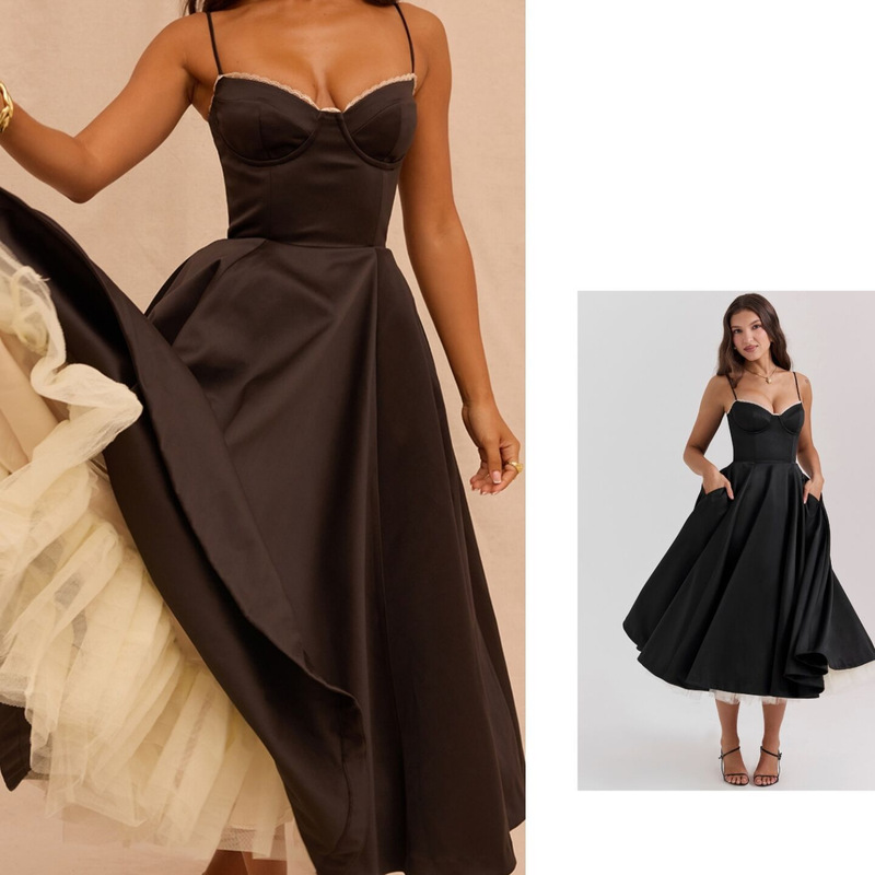 European and American style summer new women's clothing black fashion double layer lace slim big sling strap dress fashion party