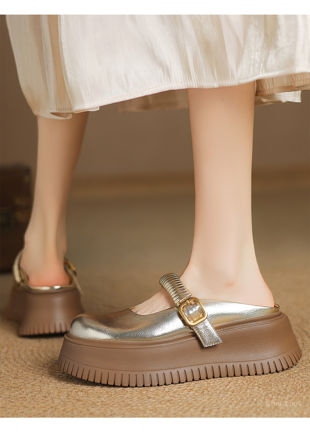 Dép sandal nữ đế dày 6cm mũi hở quai ngang Mary Jane — đen, vàng chi tiết 1