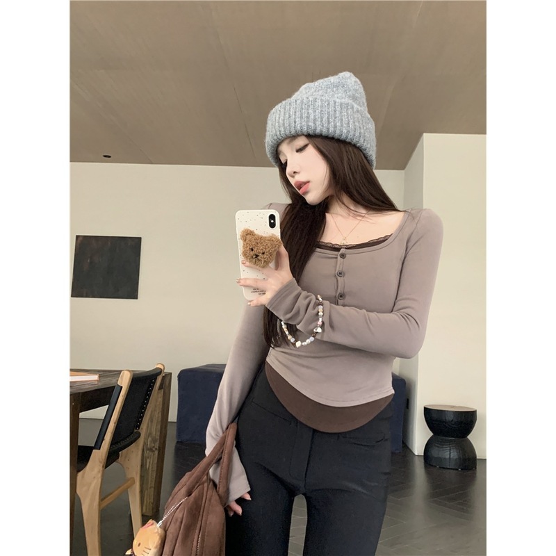 实拍~奶里奶气碎花假两件上衣加绒打底衫女休闲百搭纯欲T恤88616|undefined