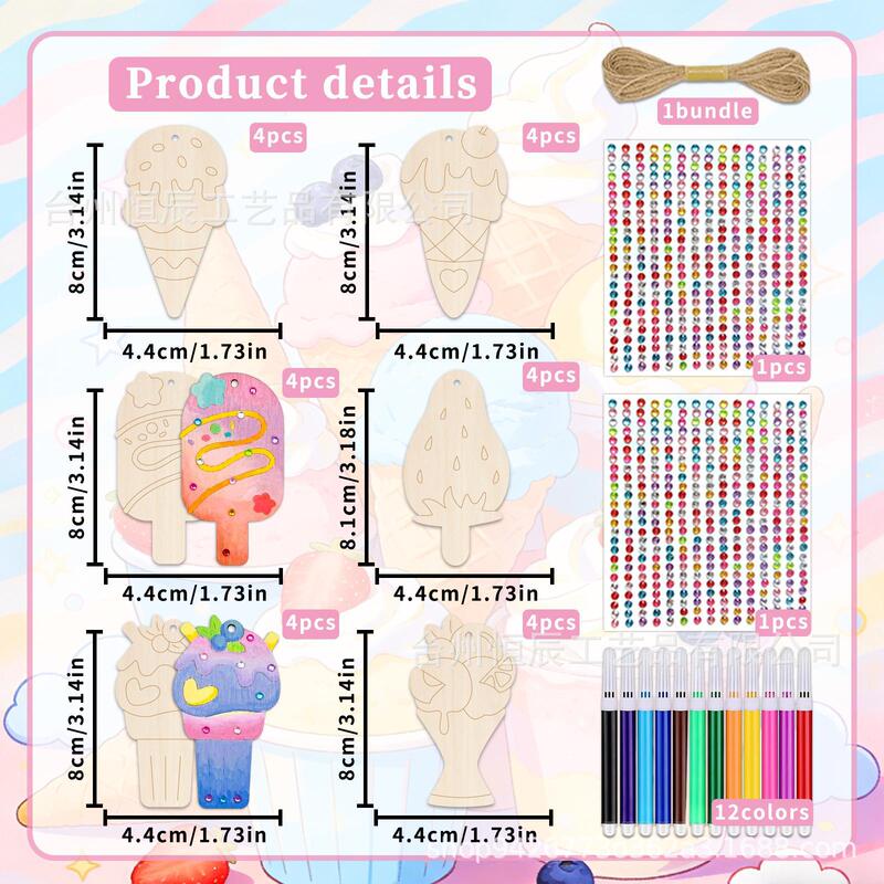 Cross-Border Hot-Selling Summer Children's DIY Wooden Ice Cream Graffiti Pendant Set with Colored Pens and Stickers for Handmade Decoration