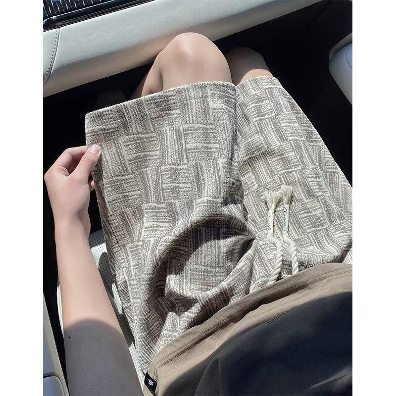 Corduroy textured casual shorts for men, summer trendy outerwear, straight-leg mid-length pants, large size, loose fit, men's shorts