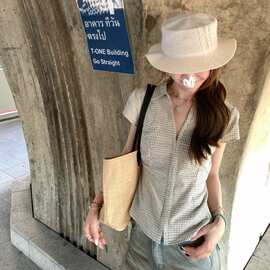 美式新款复古夏季格子显瘦学院修身格纹衬衣翻领收腰短袖衬衫上衣