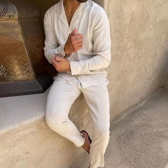 新款跨境欧美男士休闲套装春秋季时尚长袖长裤两件套开衫套装男装|undefined