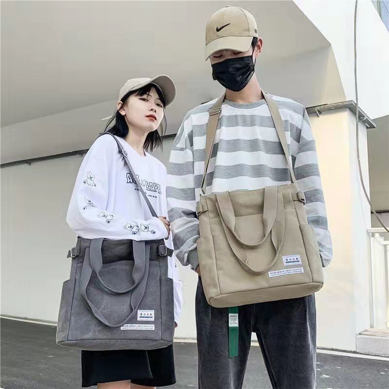 日系便携式帆布包大容量学生补课袋托特斜跨包百搭潮流单肩包女包