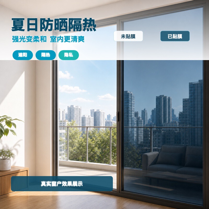 Sun Protection and Heat Insulation Film, Self-Adhesive, Thickened, Light-Blocking Solar Film for Home Use, One-Way Perspective Sunshade and Anti-Peep Glass Film