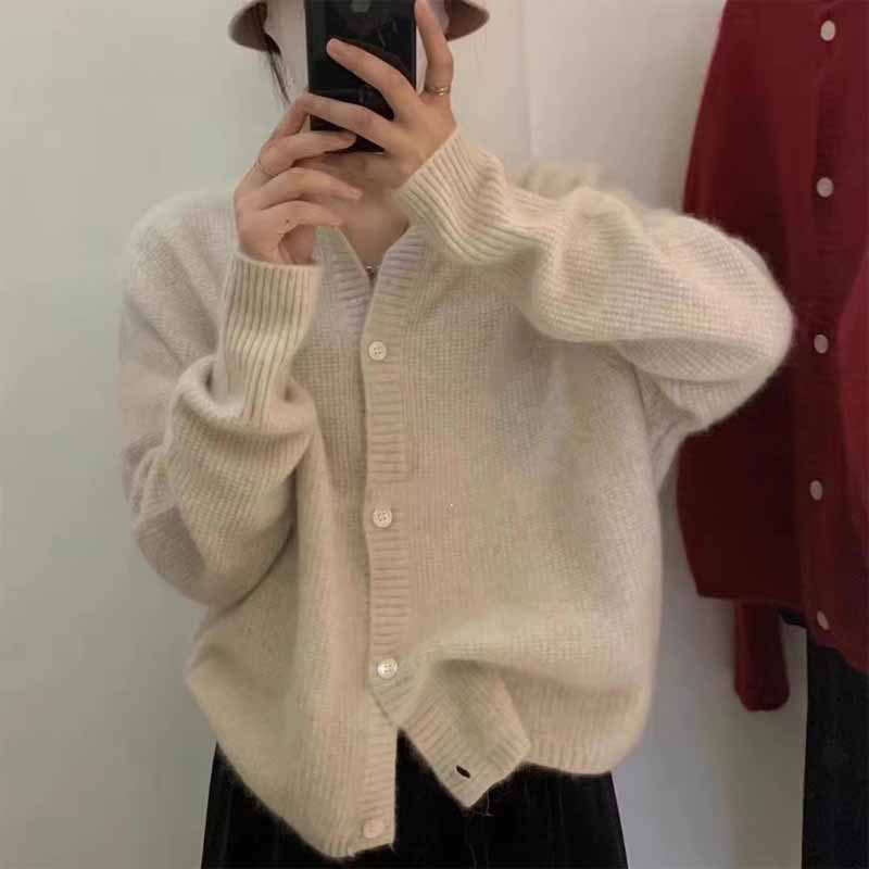 秋冬羊绒针织开衫女圆领纯色慵懒风新款宽松羊毛时尚针织外套上衣|undefined
