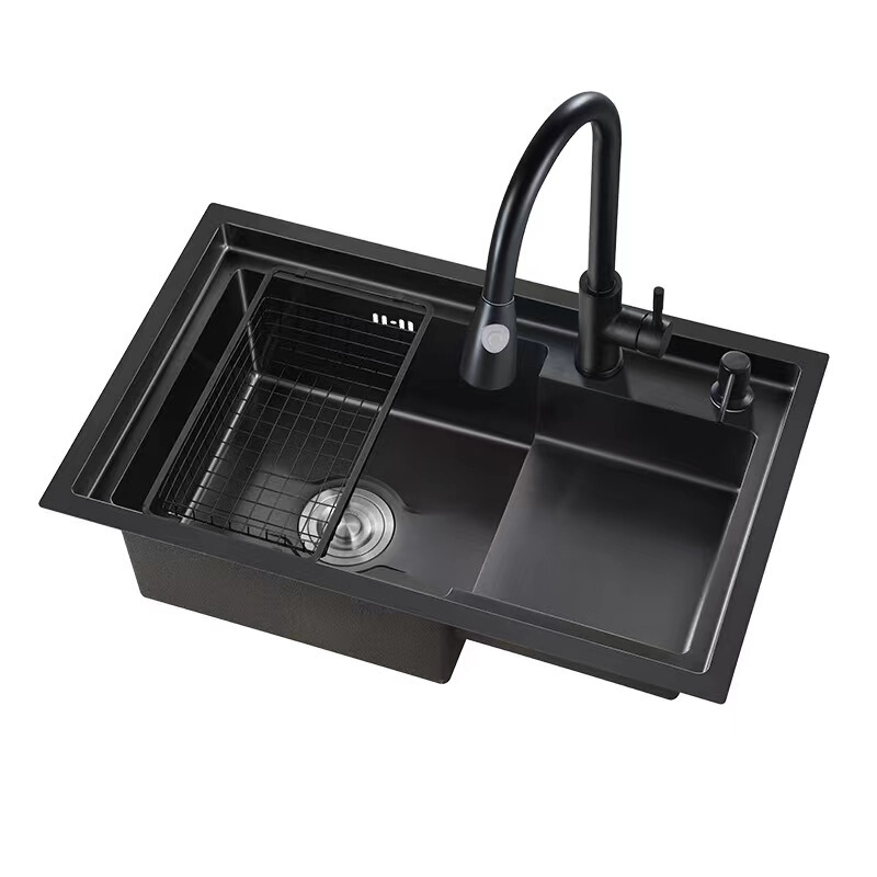 Internet celebrity sink step-type kitchen sink stainless steel high and low sink pull faucet handmade basin single slot