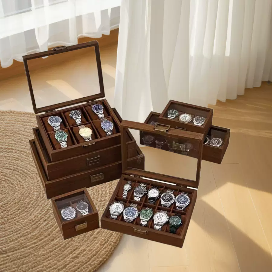 黑胡桃木纹手表收纳盒腕表机械表家用简约高档手链腕表收藏玻璃箱