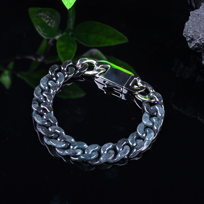 Authentic A-Grade Jadeite Black Chicken Ice Type Cuban Chain Bracelet, Exquisite and Fashionable Jade Jewelry for Men and Women, Wholesale