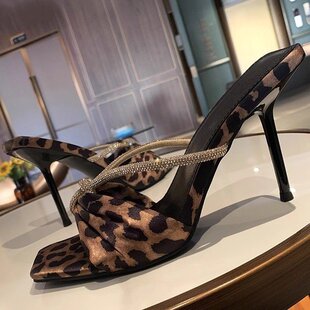 High-grade Satin Leopard-print Rhinestone Sandals for Women 2025 New Style Outer Wear Thin Strap Square Toe Open Toe Sandals