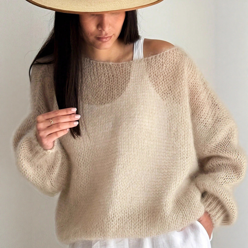 Cross-Border 26 Spring and Autumn Women's Loose Casual Lazy Style Solid Color Knitwear Semi-Transparent Elegant Off-Shoulder Unique Outfit Combination Cross-Border 26 Spring and Autumn Women's Loose Casual Lazy Style Solid Color Knitwear Semi-Transparent Elegant Off-Shoulder Unique Outfit Combination