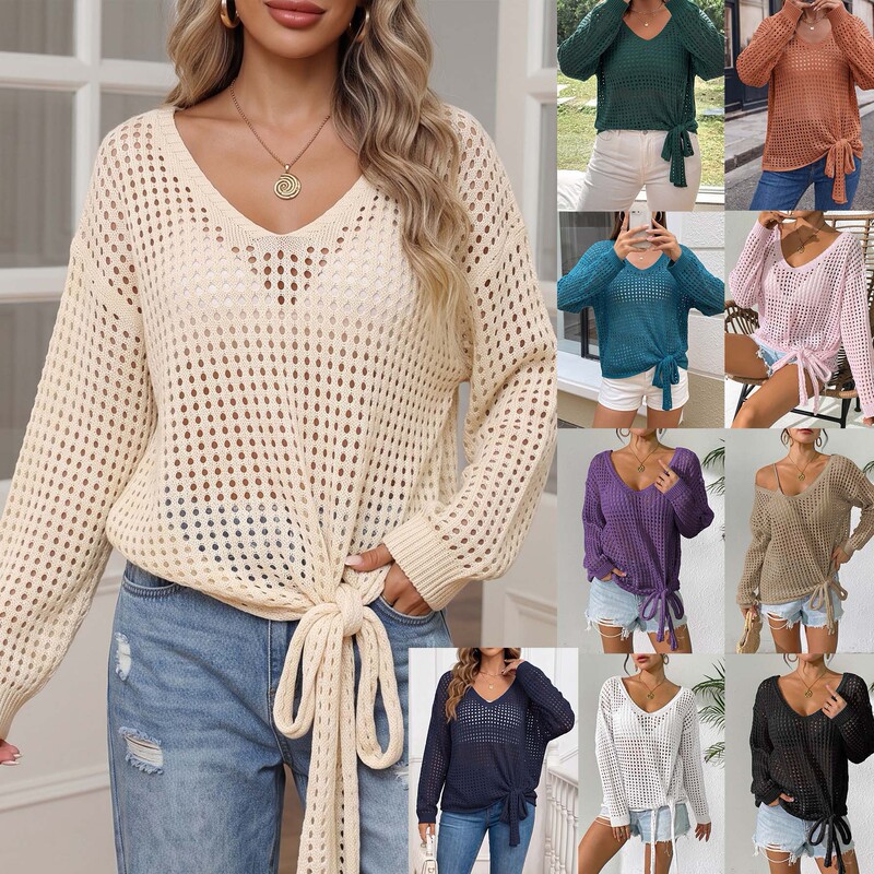 Women's V Neck Top Cut Out Sun Protection Blouse with Bow Tie Long-Sleeved Pullover Knitted Lazy Style Loose Sweater