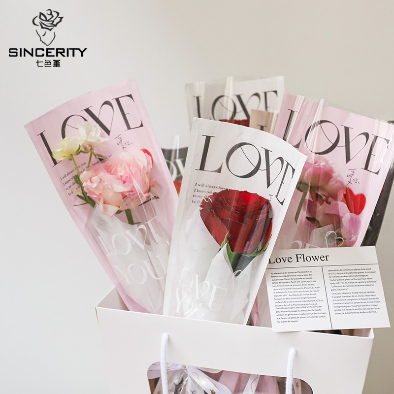 LOVETransparent Rose Single Bag Bouquet Single Wrapping Paper Integrated Straight Bag Flower Packaging Single Bag