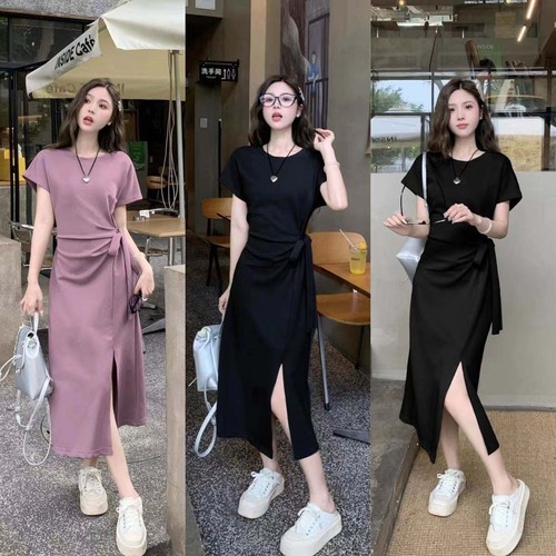 Women's Summer Design Felt Belt Short Sleeve Dress Commute Youth Simple High Slit Long Dress 200 Pounds