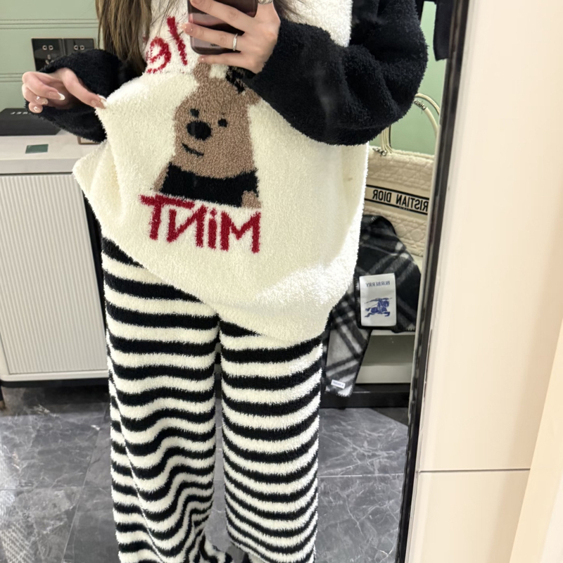Coral Fleece Cute Stripe Cartoon Teddy Bear Pajamas Women Winter Thickened Sweet Girl Warm Homewear Suit