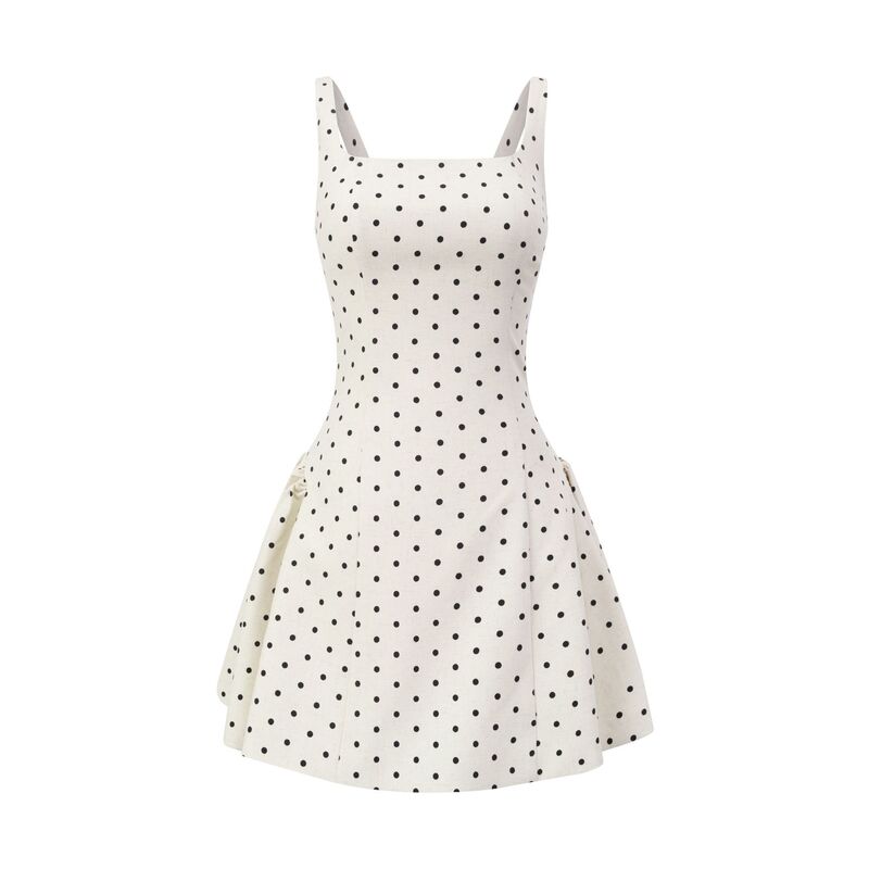 L25104-25 Spring New French Polar Dot Printing Pure Spice Girl Big Square Collar Rear Strap Waist dress