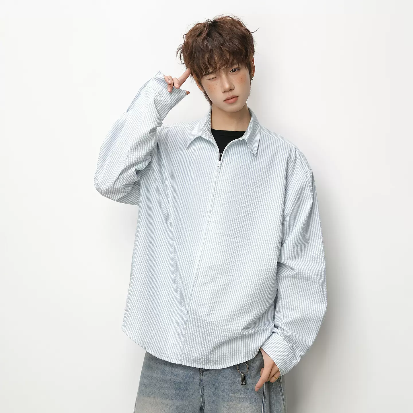 日系宽松拉链条纹长袖衬衫男春季款休闲百搭短宽廓形夹克衬衣外套