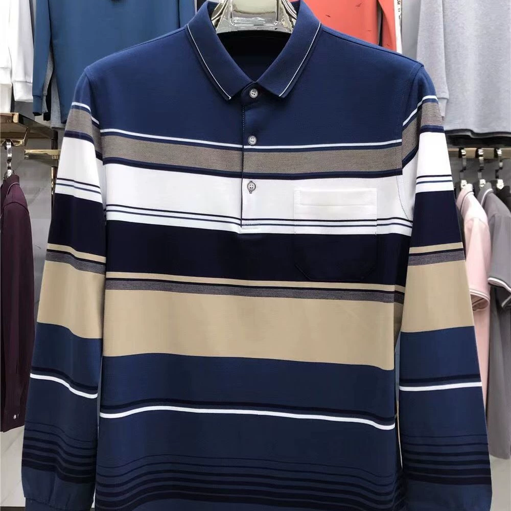 Футболка с длинными рукавами 2025 года для мужчин среднего и пожилого возраста, свободный верх с обратным воротником, полосатая хлопковая футболка, мужская рубашка-поло для отца