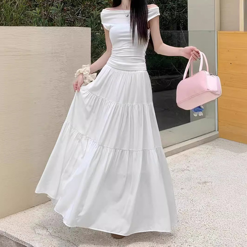 Plus-size cake white half skirt for women autumn large umbrella skirt pleated plus size medium-length dress