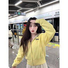 美式复古黄色卫衣女春秋新款设计感格子拼接百搭短款开衫外套上衣