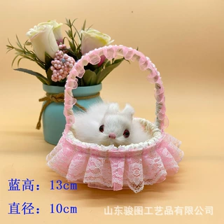 蕾丝花篮兔仿真提篮手工小兔子桌面摆件模型可爱白兔景区工艺品