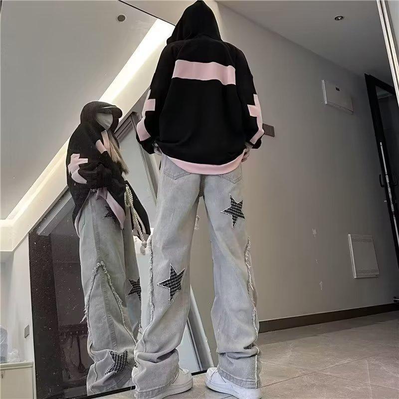 High Street Flared Ripped Light Blue Jeans Couple Loose Patchwork Casual Pants Men Hip Hop 2025 Trend_viptrois.com