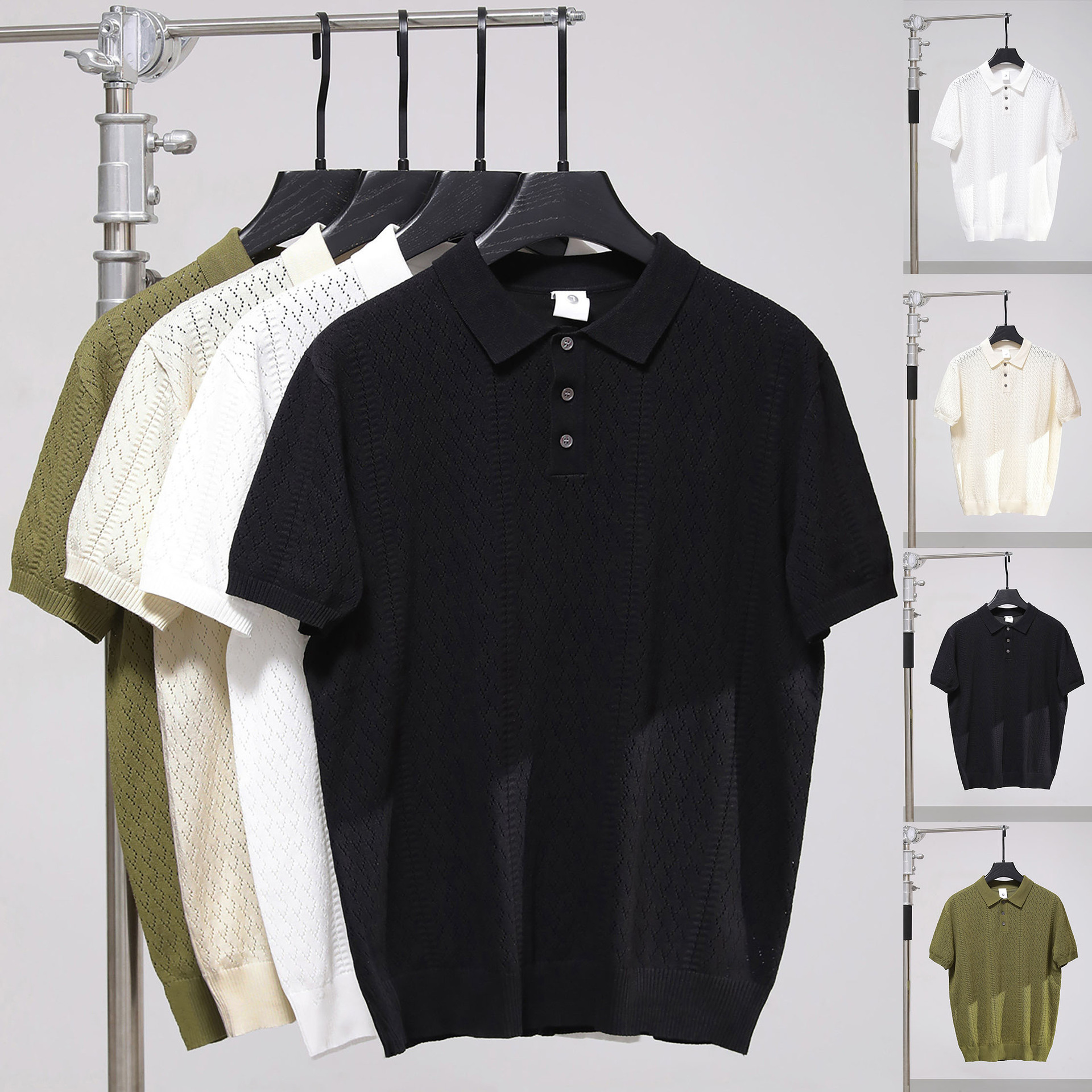 Polo camiseta de punto camiseta de manga corta camiseta hombre hueco diamante viejo viento ventilado seda de hielo transbordador de verano fábrica al por mayor