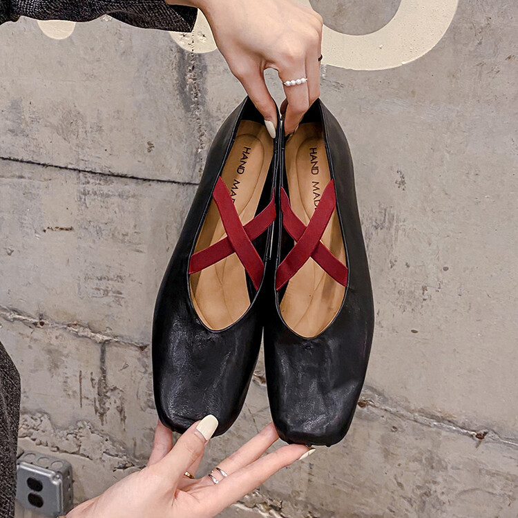 Leather autumn retro low Mary Jane shoes square toe low-cut